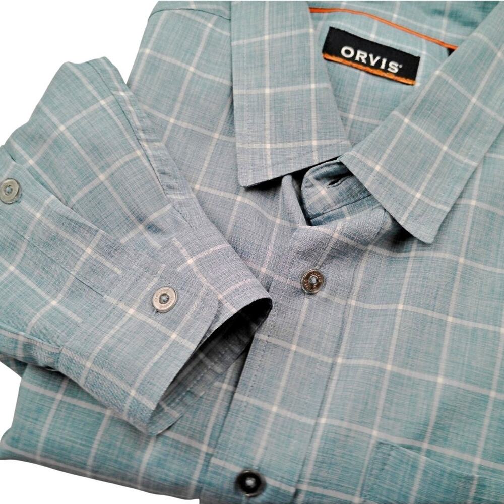 Orvis Tech Chambray Men's MED Blue White Macro Checked Long Sleeve Button Down